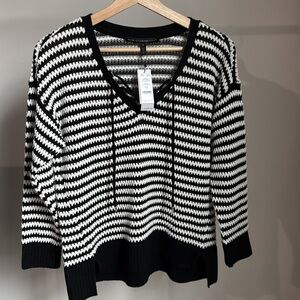 White House Black Market V-Neck Sweater Black and White Stripes
